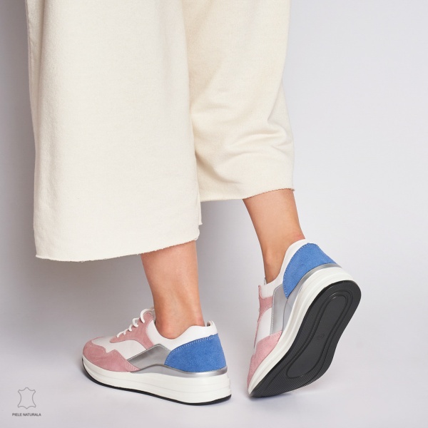 Pantofi Casual dama din Piele naturala Multicolor CRL1234 ALB CU ROZ - Img 3