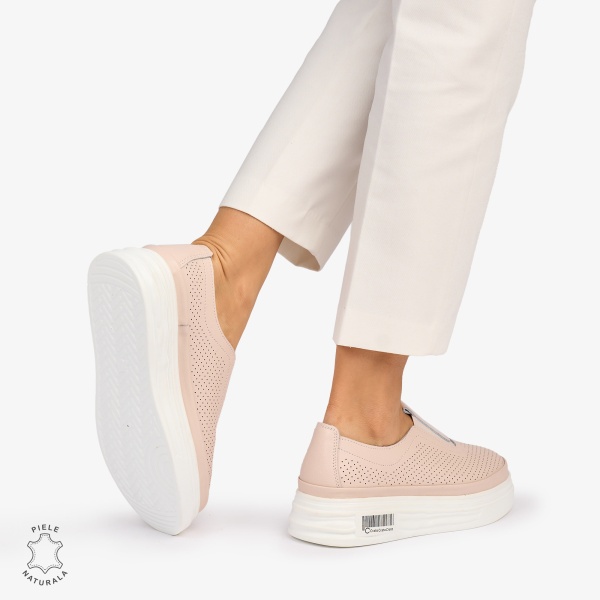Pantofi Casual dama din Piele Naturala Perforata cu elastic frontal CRL1068 CULOARE: ROZ - Img 4