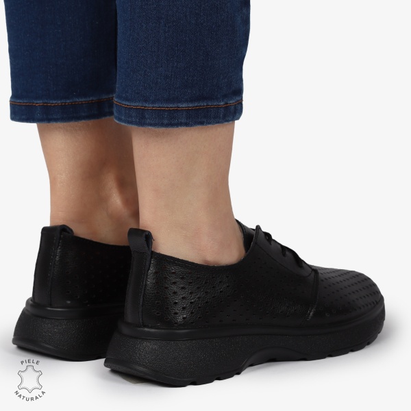 PANTOFI CASUAL dama din Piele naturala Perforata cu Siret CRL1354 NEGRU - Img 4