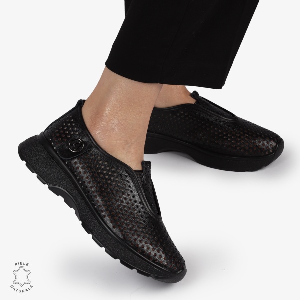 PANTOFI CASUAL dama din Piele naturala Perforata TIP SLIP-ON CRL1415 NEGRU - Img 3