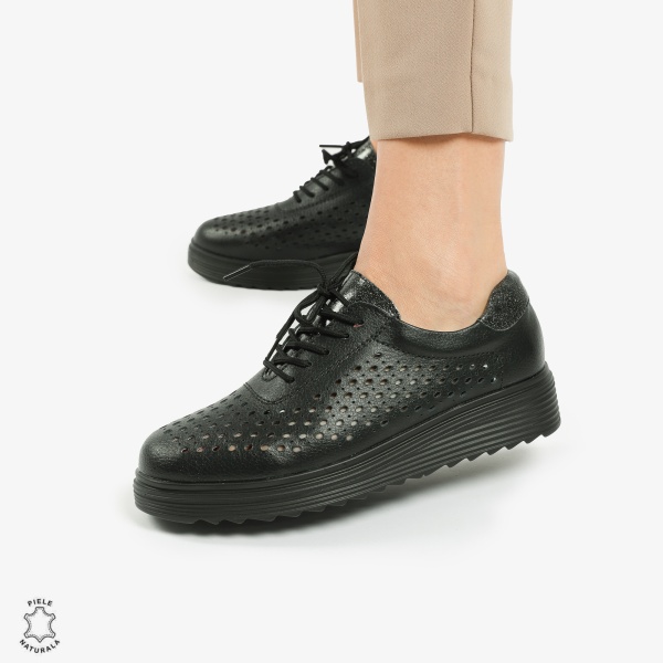 Pantofi Casual dama din piele naturala Perforati CRL0782 NEGRU - Img 2