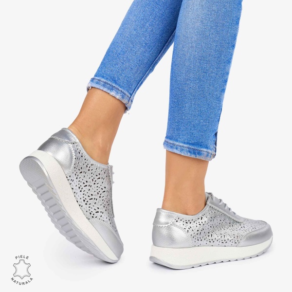 Pantofi casual dama din Piele Naturala Perforati cu model CRL0714 ARGINTIU - Img 3