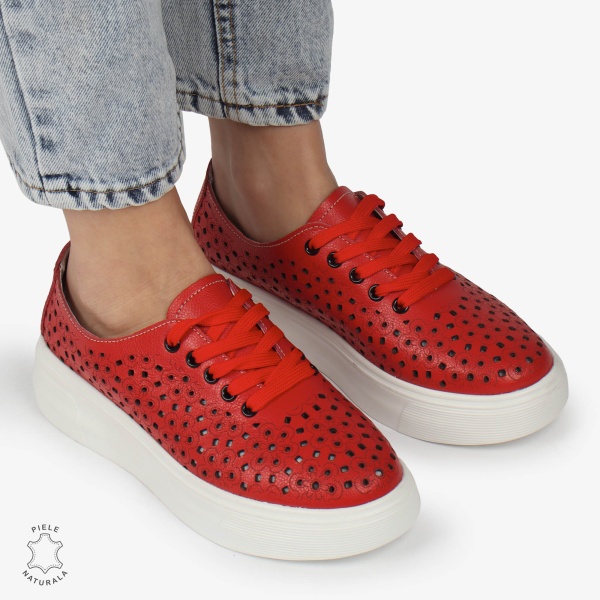 Pantofi Casual dama din Piele naturala PERFORATI USORI CU SIRET CRL1341 ROSU - Img 2