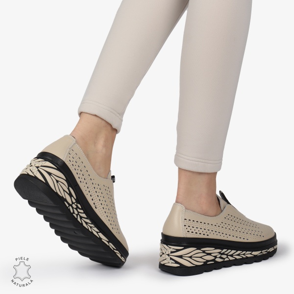 Pantofi Casual dama PERFORATI din Piele naturala CU DESIGN PE TALPA SLIP-ON CRL1338 BEJ - Img 3