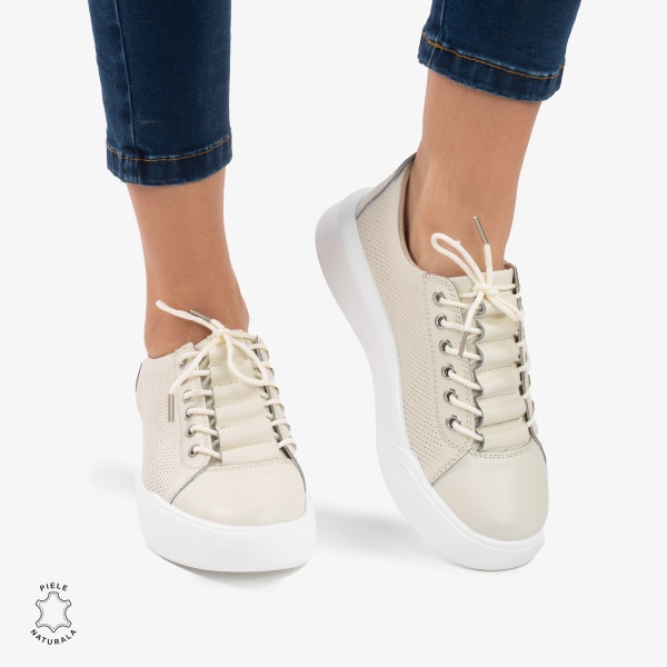 Pantofi Casual de dama din Piele Naturala CRL0572 Bej - Img 2