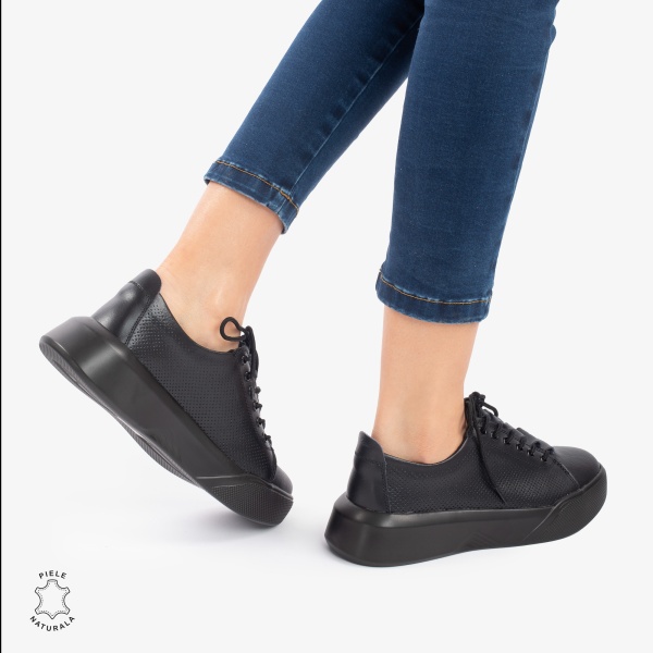 Pantofi Casual de dama din Piele Naturala CRL0572 Negru - Img 3