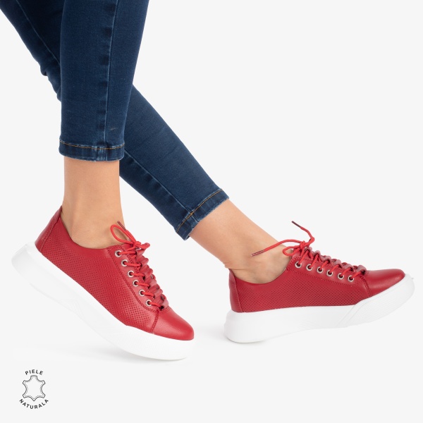 Pantofi Casual de dama din Piele Naturala CRL0572 Rosu - Img 2