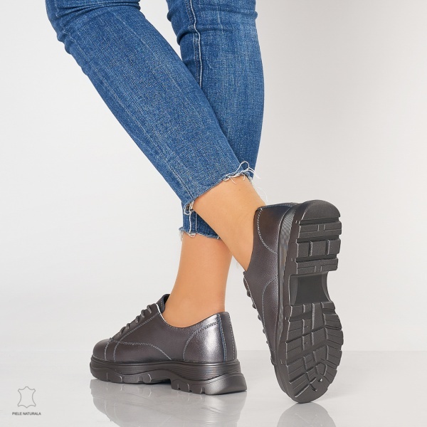 Pantofi casual de dama din piele naturala cu talpa aderenta CRL0010 PEWTER - Img 3