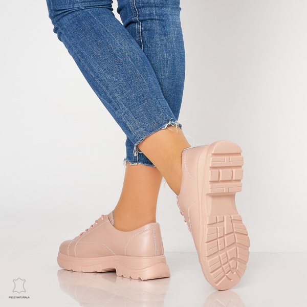 Pantofi casual de dama din piele naturala cu talpa aderenta CRL0010 Roz - Img 3