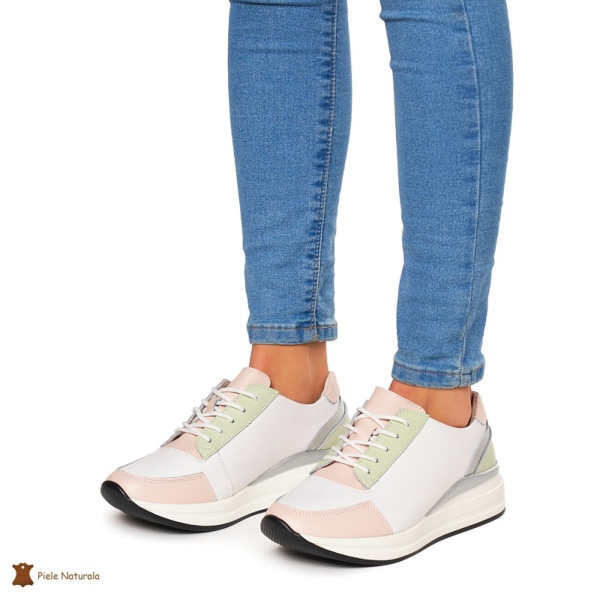 Pantofi casual de dama din piele naturala cu talpa plata CRL0019 Alb cu Roz - Img 3