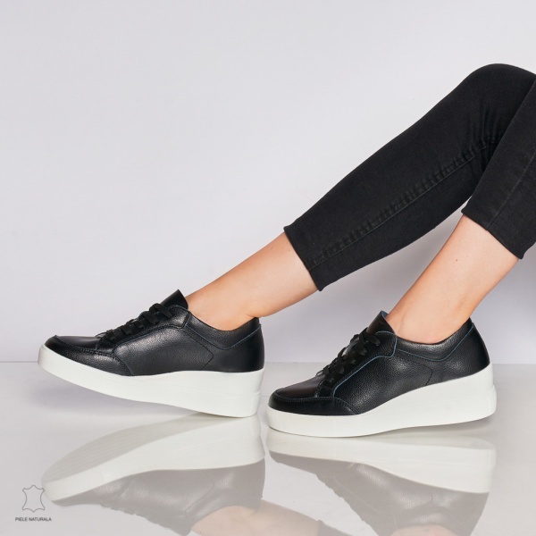 Pantofi casual de dama din piele naturala cu talpa plata CRL0034 Negri - Img 2