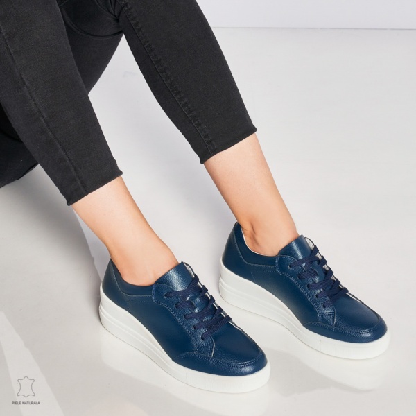 Pantofi casual de dama din piele naturala cu talpa plata CRL0034 Bleumarin - Img 2