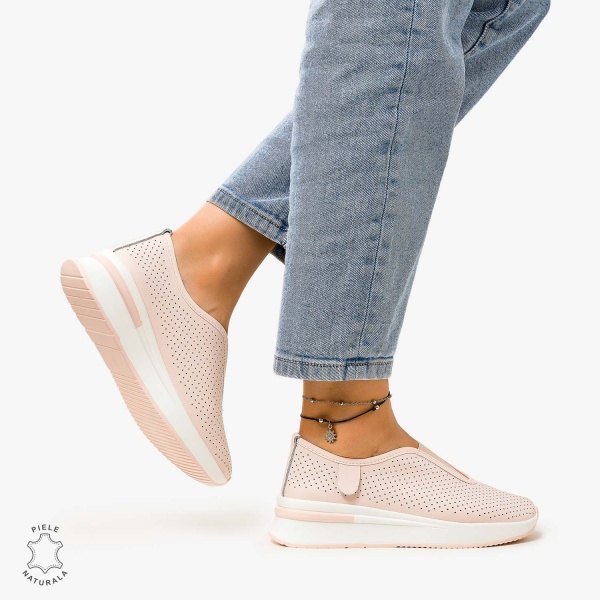 Pantofi Casual de dama din Piele Naturala PERFORATA CU ELASTIC CRL1200 ROZ - Img 3