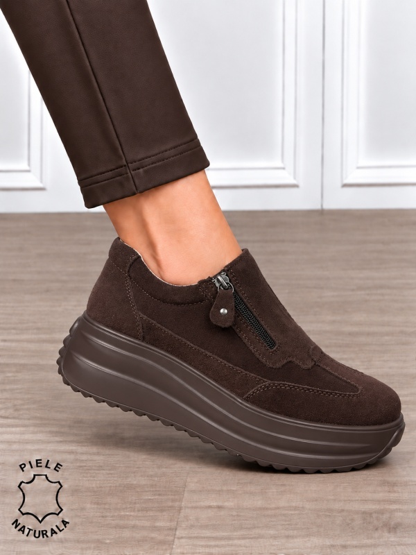Pantofi casual din piele naturală întoarsă cu inchidere fermoar CRL1919 CAFENIU - Img 4