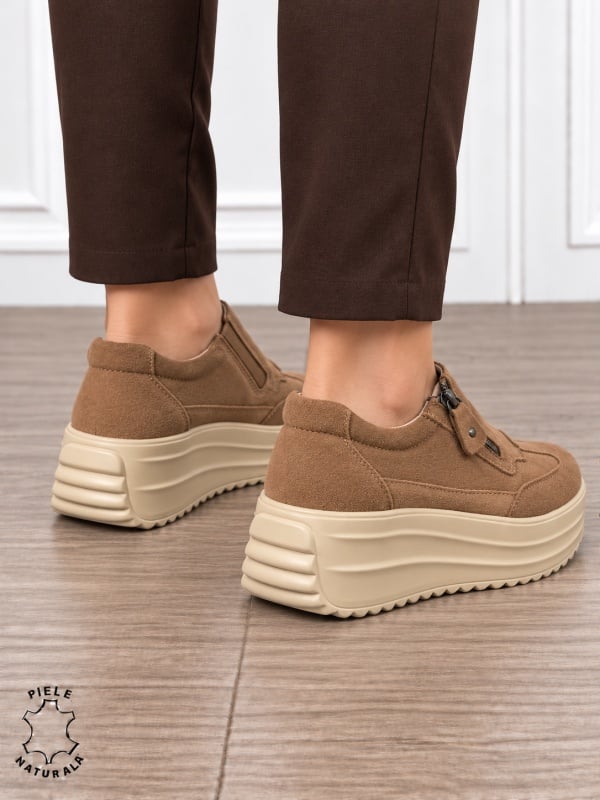 Pantofi casual din piele naturală întoarsă cu inchidere fermoar CRL1919 KHAKI - Img 3