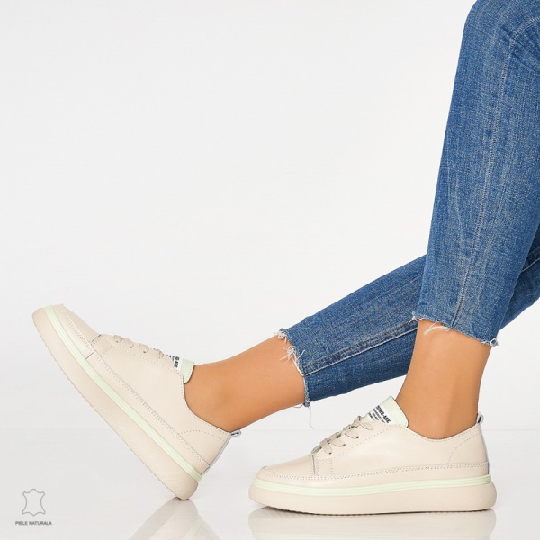 Pantofi casual trendy de dama din piele naturala Multicolor CRL0007 Bej - Img 3