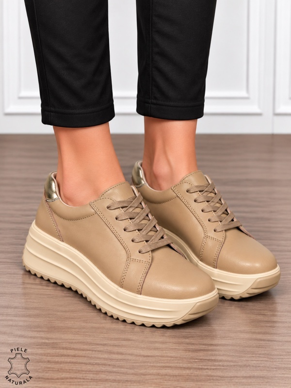 Pantofi damă din piele naturală cu stil urban și finisaje elegante CRL1907 KHAKI - Img 2