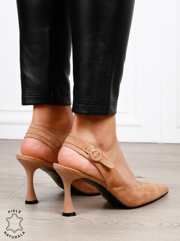 Pantofi dama eleganti cu toc subtire si varf ascutit din piele naturala intoarsa CRL1610 BEJ - Img 2