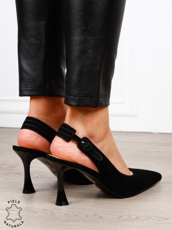 Pantofi dama eleganti cu toc subtire si varf ascutit din piele naturala intoarsa CRL1610 NEGRU - Img 4