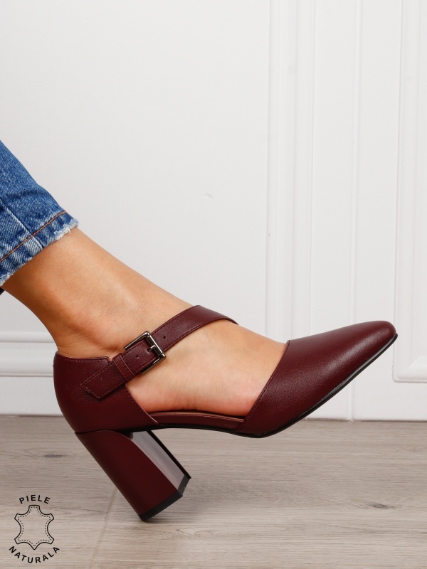 Pantofi dama eleganti din piele naturala cu bareta si toc gros CRL1634 Bordo - Img 2