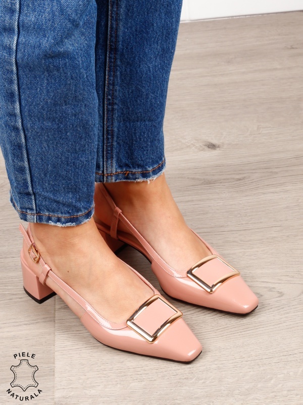 Pantofi dama eleganti din piele naturala cu toc gros mic CRL1615 Roz - Img 2