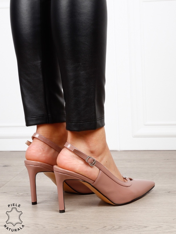 Pantofi dama eleganti din piele naturala Lacuita cu toc subtire clasic CRL1635 ROZ - Img 4