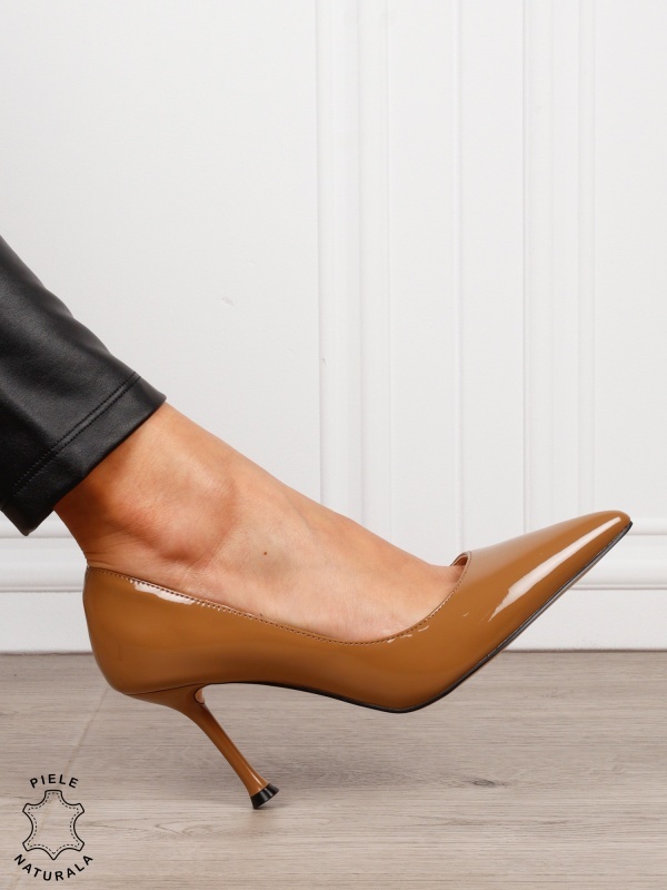 Pantofi dama eleganti din piele naturala Lacuita cu toc subtire clasic CRL1636KHAKI - Img 2