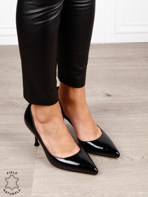 Pantofi dama eleganti din piele naturala Lacuita cu toc subtire clasic CRL1636 NEGRU - Img 3