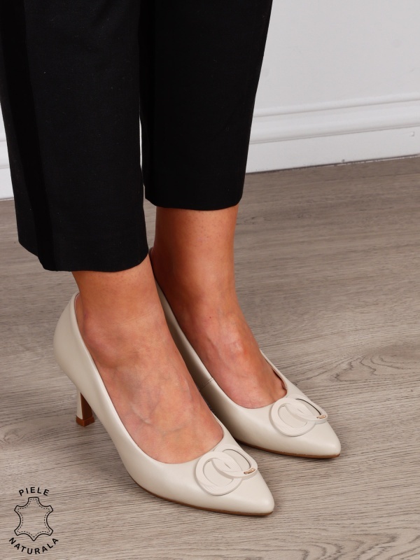 Pantofi Eleganti dama din piele naturala cu catarama CRL1576 BEJ - Img 2