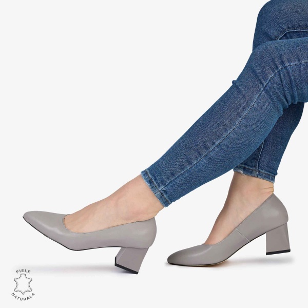 Pantofi Eleganți dama din Piele Naturala CU TOC MIC CRL0981 GRI - Img 2