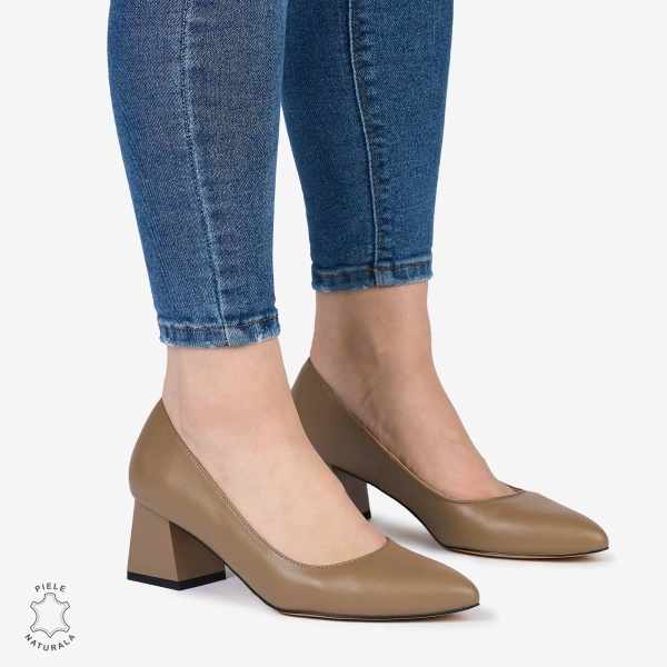 Pantofi Eleganți dama din Piele Naturala CU TOC MIC CRL0981 KHAKI - Img 2