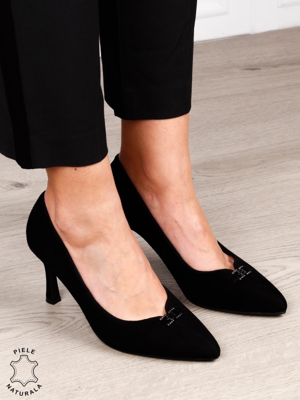 Pantofi Eleganti dama din piele naturala intoarsa cu catarama CRL1577 NEGRU - Img 2