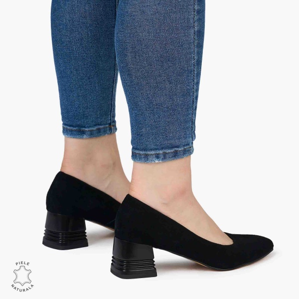 Pantofi Eleganți dama din Piele Naturala INTOARSA CU TOC MIC CRL0982 negru - Img 4