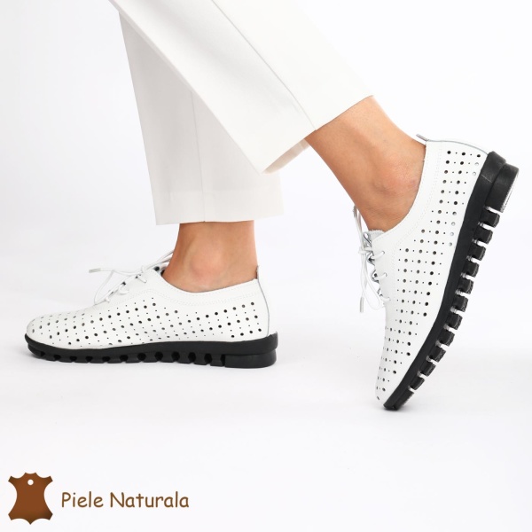 Pantofi Perforati dama din Piele Naturala cu mici perforatii CRL0188 ALB - Img 2