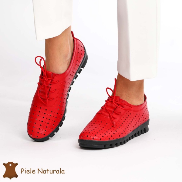 Pantofi Perforati dama din Piele Naturala cu mici perforatii CRL0188 ROSU - Img 3