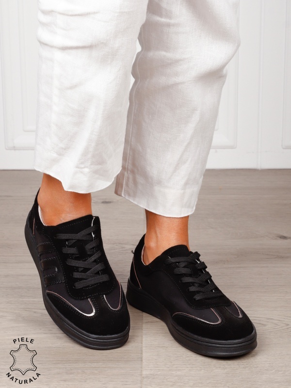 Pantofi sport damă din piele naturală întoarsă si material textil lateral CRL1566 NEGRU - Img 3