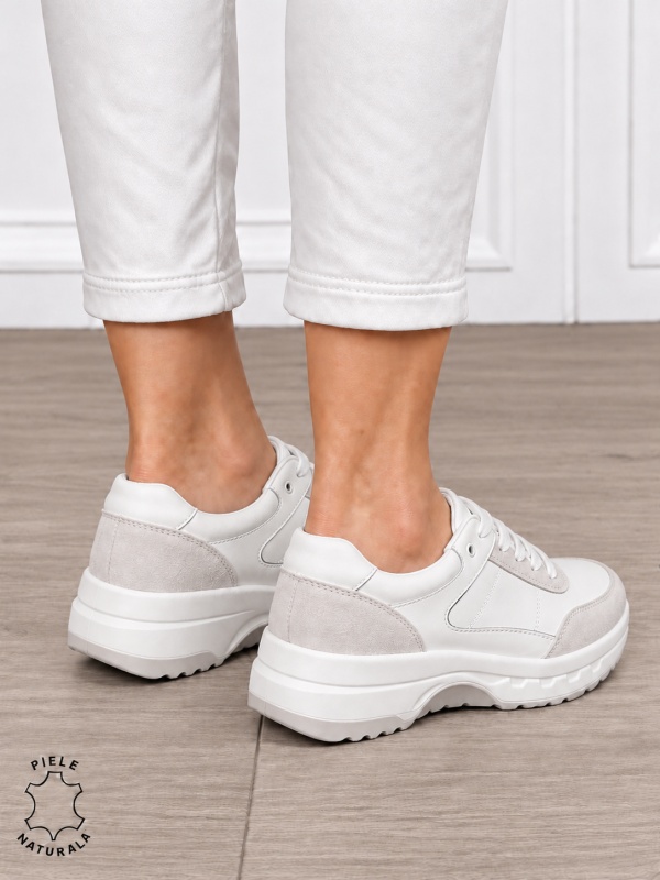Pantofi sport damă din piele naturală și piele întoarsă cu design modern CRL1896 ALB - Img 3