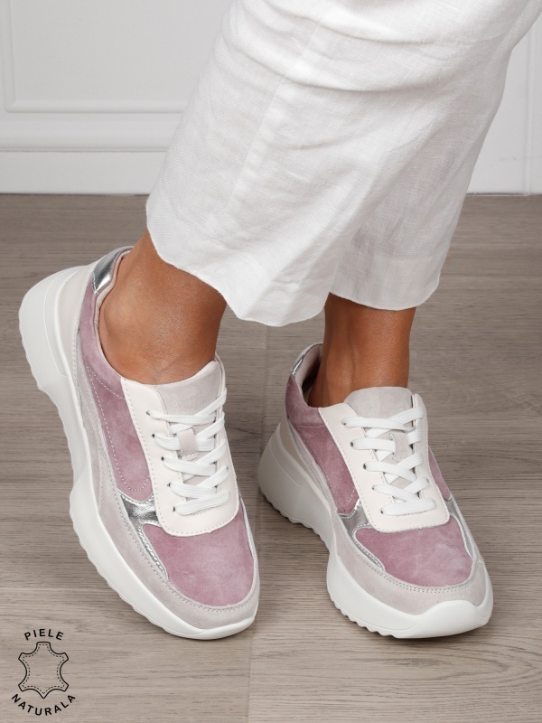 Pantofi sport damă din piele naturală și piele naturală întoarsă, multicolor CRL1564 MOV - Img 2