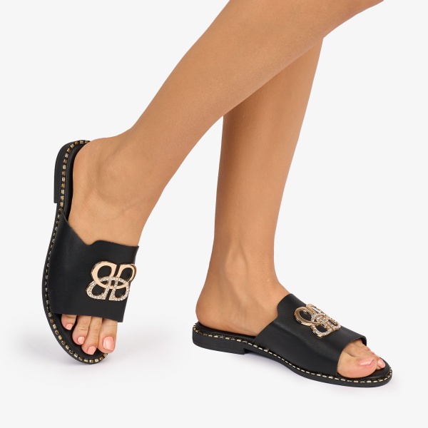 PAPUCI dama din Piele ECOLOGICA CU CATARAMA AURIE IN FATA CRL1083 CULOARE: Negru - Img 2