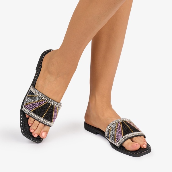 PAPUCI dama din Piele ECOLOGICA CU STRASURI COLORATE CRL1076 CULOARE: NEGRU - Img 2