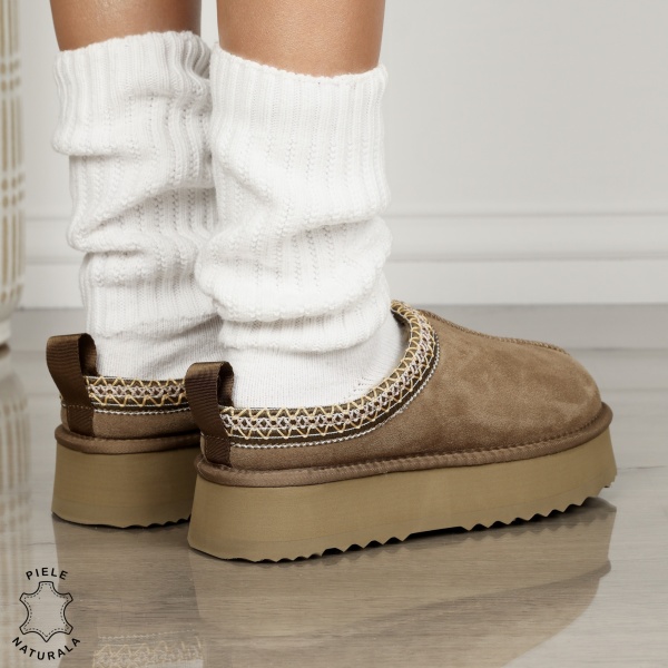PAPUCI DAMA TIP UG din PIELE NATURALA INTOARSA CRL1268 CULOARE: KHAKI - Img 3