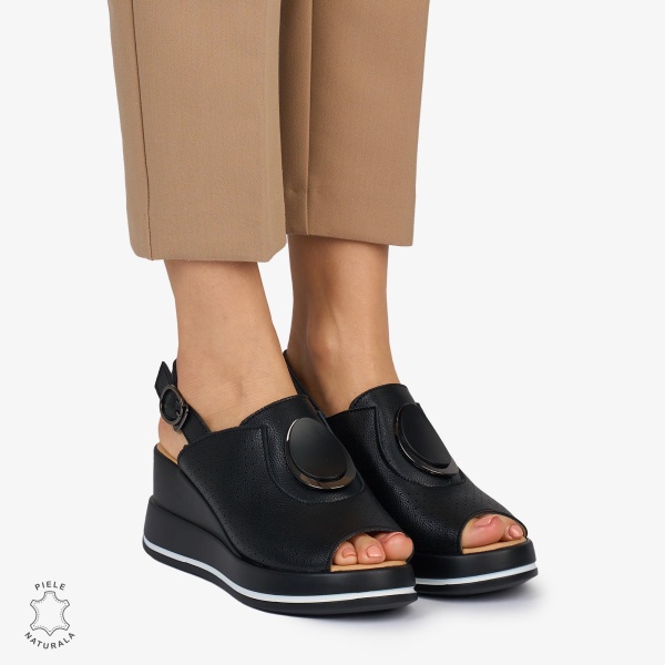 SANDALE Dama Piele Naturala CU TALPA INALTA SI ACCESORIU METALIC CRL1046 Culoare: NEGRU - Img 2