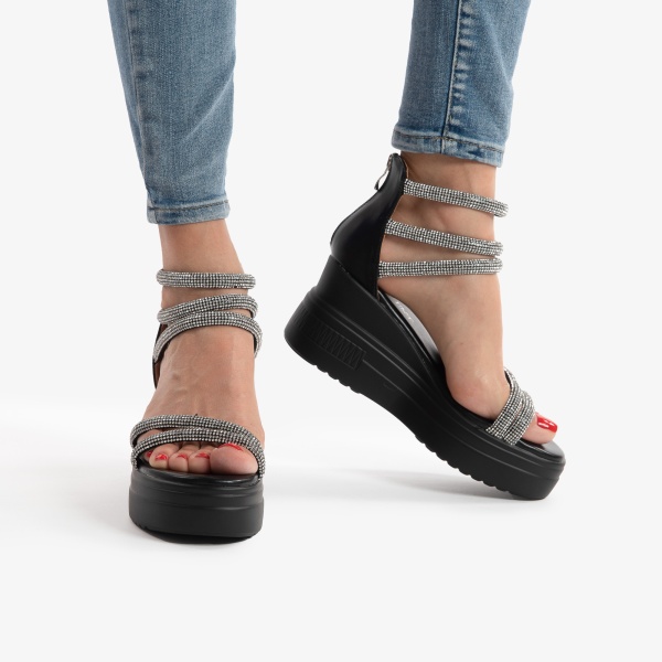 SANDALE DIN PIELE ECOLOGICA CU PLATFORMA SI STRASURI CRL0749 NEGRU - Img 2