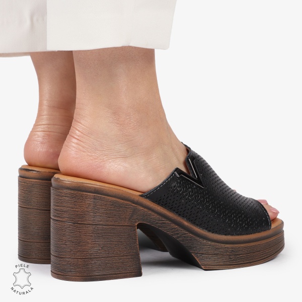 Sandale elegante din piele naturală CU TOC GROS SI INALT CRL1405 NEGRU - Img 4