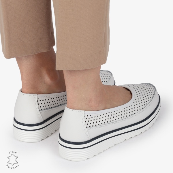 Balerini dama din Piele Naturala cu talpa groasa CRL0172 ALB - Img 4
