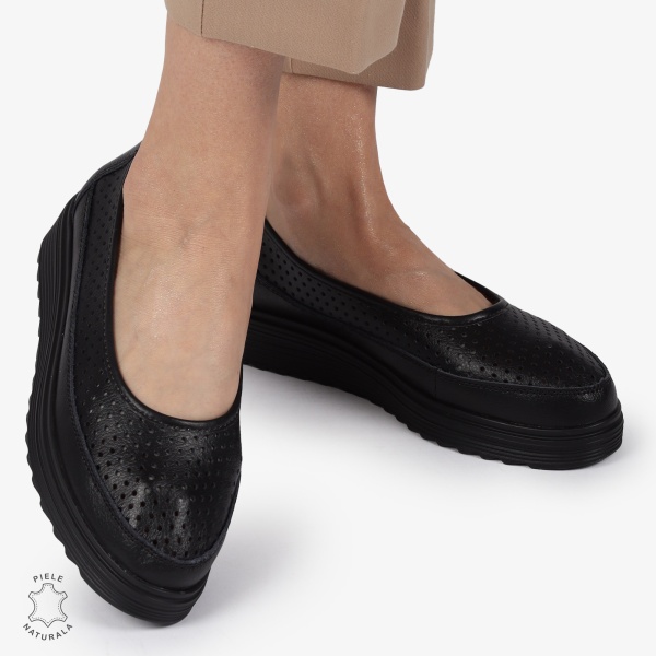 Balerini dama din Piele Naturala cu talpa groasa CRL0172 NEGRU - Img 3
