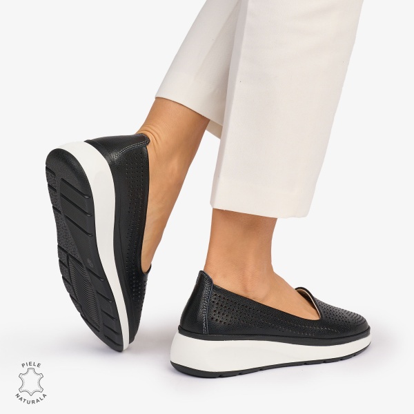 Balerini dama din Piele Naturala Perforata CRL1075 CULOARE: NEGRU - Img 2