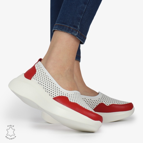 Balerini Dama Piele naturală CRL0103 ALB CU ROSU - Img 2