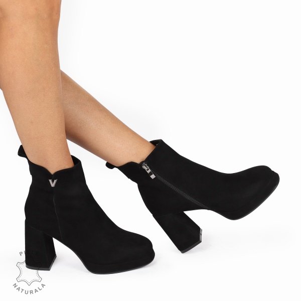 botine dama piele naturala Intoarsa cu toc Gros Inalt CRL1255 NEGRU - Img 4
