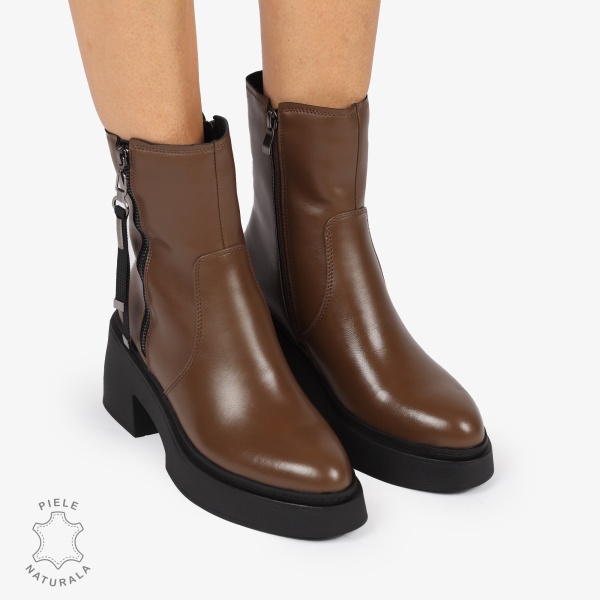 BOTINE DIN PIELE NATURALA cu Fermoar lateral si toc gros CRL1243 Maro - Img 2